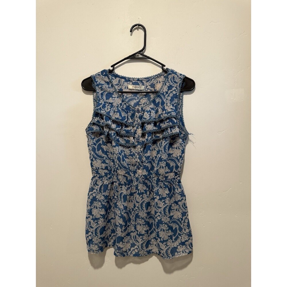 Romy Sleeveless Blouse Ruffled Neckline Paisley Pattern M